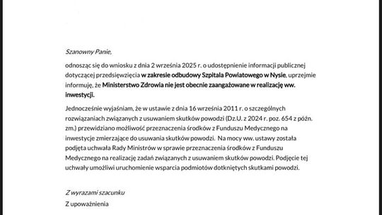 Ministerstwo Zdrowia NIE JEST zaangażowane w budowę szpitala w Nysie.