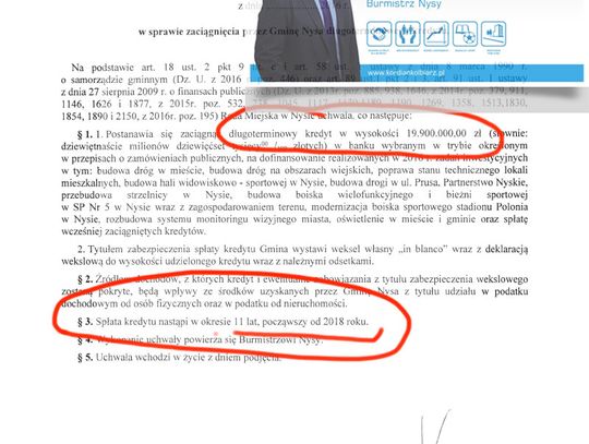 Burmistrz chce zaciągnąć kredyt dla Gminy na... 19 mln 900 tys złotych, spłata ma nastąpić w okresie 11 lat, począwszy od 2018 roku.