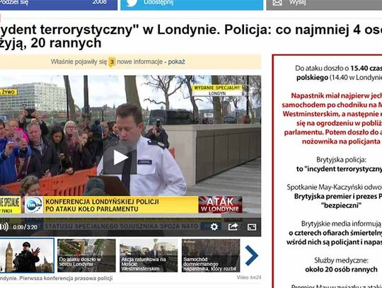 Cztery osoby zginęły, a 20 zostało rannych w ataku, do którego doszło koło gmachu parlamentu w centrum Londynu. 