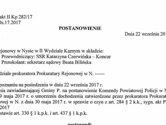 Czytaj - postanowienie sadu w sprawie nieprawidłowości z wozem strażackim OSP Prusinowice.