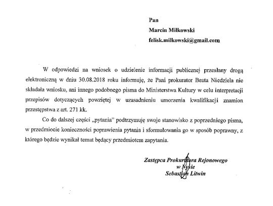 Czyżby Prokurator Beata Niedziela umorzyła dochodzenie myląc stan faktyczny... - no własnie z czym?