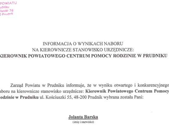 Jolanta Barska wgrała konkurs na kierownika PCPR w Prudniku - słowem trafiony, zatopiony.