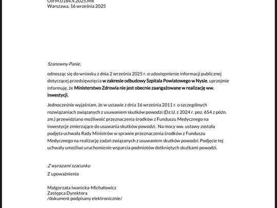 Ministerstwo Zdrowia NIE JEST zaangażowane w budowę szpitala w Nysie.