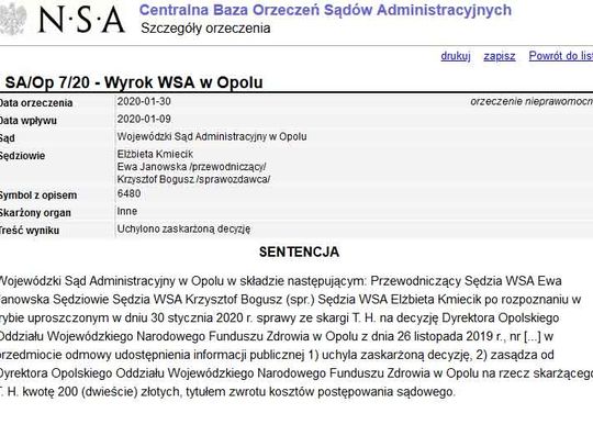 Opolski NFZ będzie musiał odpowiedzieć Hankusowi na wszystkie pytania w trybie informacji publicznej.