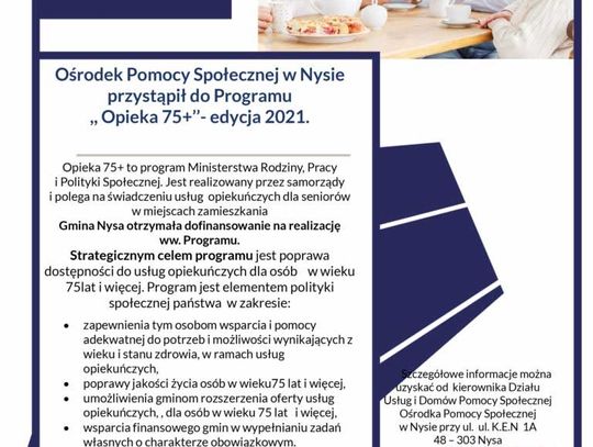 Ośrodek Pomocy Społecznej w Nysie przystąpił do Programu ,,Opieka 75+’’