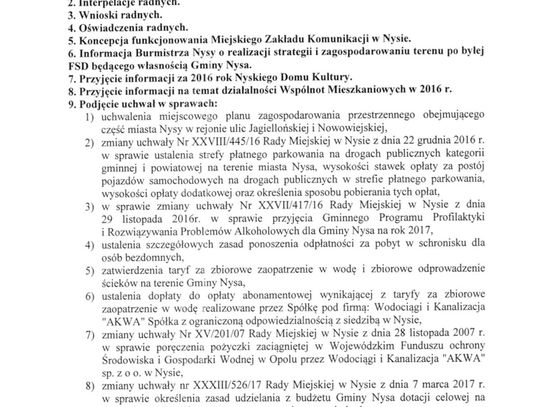 PORZĄDEK OBRAD XLII/17 SESJI RADY MIEJSKIEJ W NYSIE, 8 września 2017 roku, o godz. 8:00