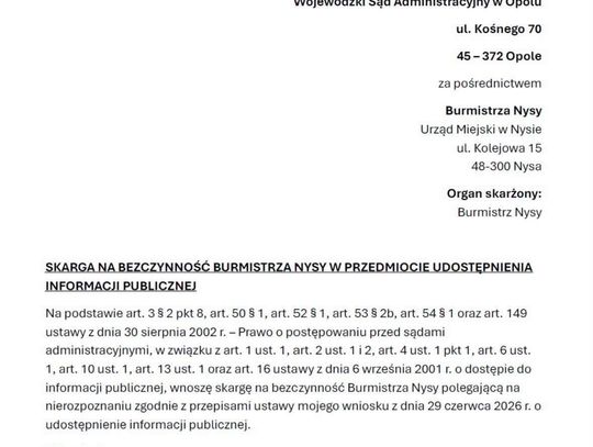 Trzy skargi do WSA w Opolu: burmistrz, Agencja Rozwoju Nysy i ZOZ odmówiły dostępu do informacji publicznej