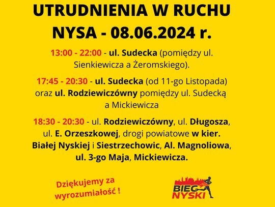 Utrudnienia w ruchu - sobota 8 czerwca Nysa