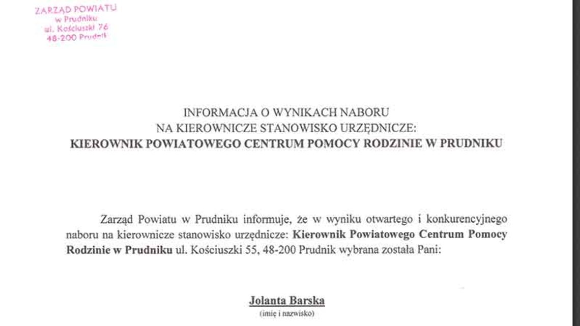 Jolanta Barska wgrała konkurs na kierownika PCPR w Prudniku - słowem trafiony, zatopiony.