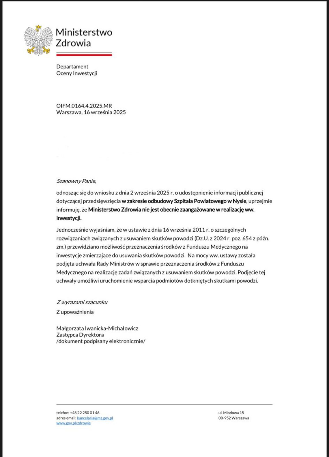 Ministerstwo Zdrowia NIE JEST zaangażowane w budowę szpitala w Nysie.