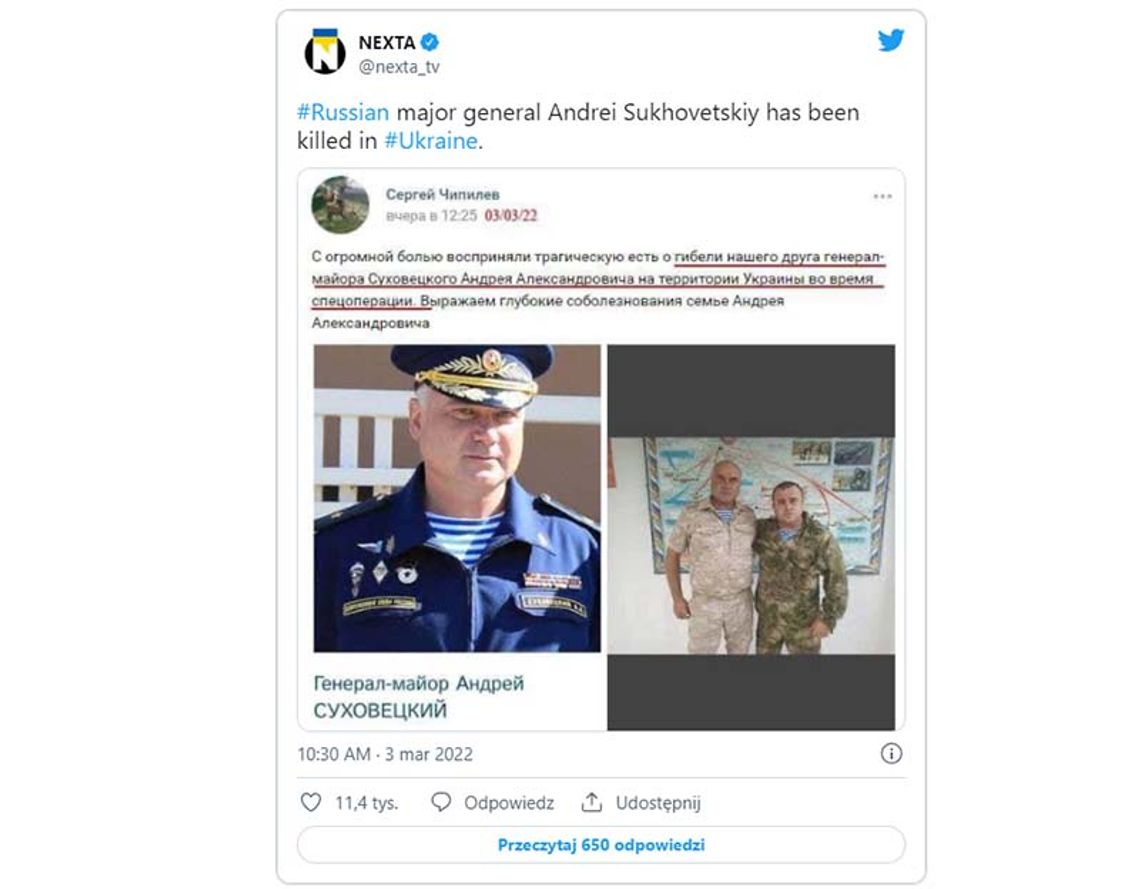 Rosyjski generał zabity przez snajpera na Ukrainie. Kim był Andriej Suchowiecki?
