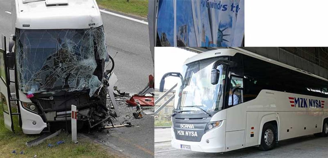 Siła uderzenia była tak duża, że kobieta przebiła szybę wypadając z autobusu. Wypadek autobusu MZK Nysa na A4.