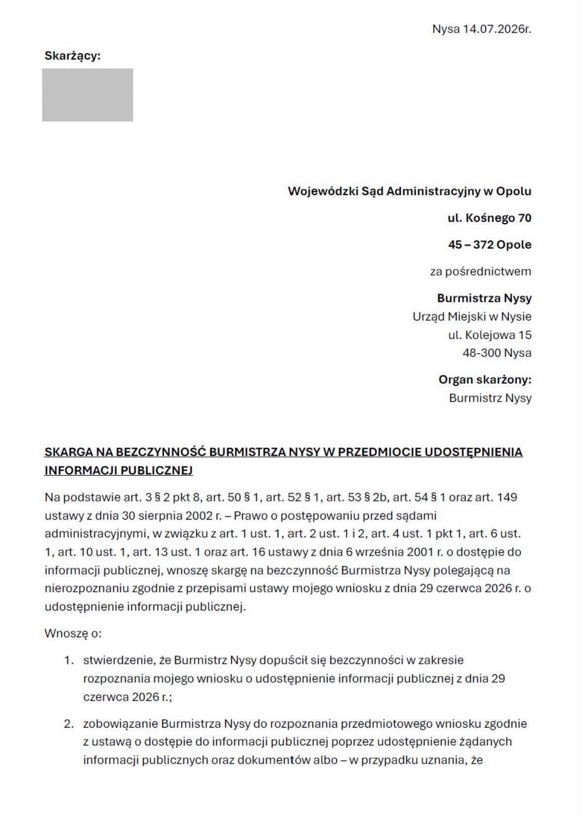 Trzy skargi do WSA w Opolu: burmistrz, Agencja Rozwoju Nysy i ZOZ odmówiły dostępu do informacji publicznej
