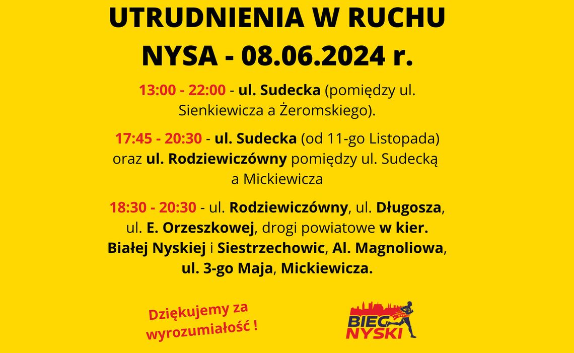 Utrudnienia w ruchu - sobota 8 czerwca Nysa